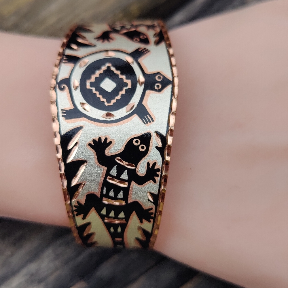 🦎 Vintage Native American Artisan Turtle And Gecko Copper Cuff Bracelet - Picture 2 of 5